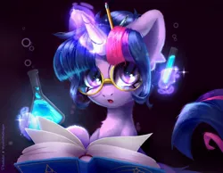 Size: 4096x3186 | Tagged: safe, artist:radioactivephantom, artist:radioaxi, artist:wyvernthedragon, derpibooru import, twilight sparkle, twilight sparkle (alicorn), alicorn, pony, book, collaboration, cute, female, glasses, glow, glowing horn, hair bun, horn, image, jpeg, levitation, magic, mare, pen, pencil, potion, science, solo, telekinesis, twiabetes