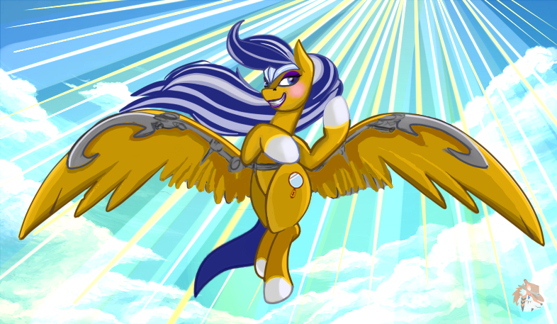 Size: 786x457 | Tagged: safe, artist:firehearttheinferno, derpibooru import, oc, oc:vanity, oc:vanity angel, unofficial characters only, pegasus, pony, fallout equestria, antagonist, blade, blue eyes, blue mane, blue tail, blushing, braided tail, cloud, cloudy, concept art, concept for a fanfic, confident, crown, cutie mark, digital art, enclave, eyeshadow, fallout, fallout equestria: equestria the beautiful, female, floating, flying, gliding, golden coat, graceful, grin, image, jewelry, large wings, lidded eyes, light rays, lipstick, makeup, mare, mirror, png, pose, pride, regalia, silver mane, sindicate seven, smiling, smug, smug smile, solo, solo female, solo focus, straps, sunlight, tail, thighs, tiara, villainess, watermark, weapon, white hooves, wind, windswept mane, wingblade, wings, wip, yellow coat