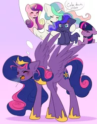 Size: 2297x2937 | Tagged: safe, artist:pledus, derpibooru import, princess cadance, princess celestia, princess luna, twilight sparkle, twilight sparkle (alicorn), oc, oc:queen galaxia, alicorn, pony, alicorn oc, blushing, commissioner:bigonionbean, crown, cutie mark, embarrassed, ethereal mane, ethereal tail, female, fusion, fusion:queen galaxia, horn, horseshoes, hug, image, jewelry, mare, png, regalia, tail, thought bubble, traditional royal canterlot voice, uneasy, wings, yelling