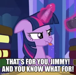 Size: 504x495 | Tagged: safe, derpibooru import, edit, edited screencap, screencap, twilight sparkle, twilight sparkle (alicorn), alicorn, pony, made in manehattan, caption, cropped, cuphead, female, image, image macro, imgflip, jpeg, mare, raspberry, solo, text, the cuphead show, tongue out