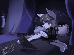 Size: 1280x960 | Tagged: safe, artist:hauntedtuba, derpibooru import, inky rose, bird, pegasus, pony, raven (bird), animated, bed, bedroom, braid, braided pigtails, drapes, eye shimmer, eyeshadow, female, frown, gif, gothic lolita, grooming, image, lidded eyes, looking at something, lying down, makeup, mare, pigtails, preening, prone, rain, solo, wind, window, wings