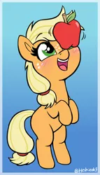 Size: 864x1506 | Tagged: safe, artist:heretichesh, derpibooru import, applejack, earth pony, pony, apple, balancing, cute, female, filly, filly applejack, foal, food, gradient background, hatless, image, jpeg, missing accessory, open mouth, ponies balancing stuff on their nose, smiling, solo, standing on two hooves, younger