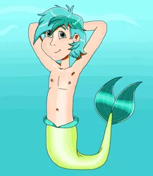 Size: 1112x1279 | Tagged: safe, artist:ocean lover, derpibooru import, sandbar, human, merboy, mermaid, merman, arm behind head, bare shoulders, belly button, chest, cute, green eyes, handsome, human coloration, humanized, image, looking up, male, mermanized, mermay, png, sandabetes, shiny skin, smiling, teenager