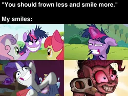 Size: 640x480 | Tagged: semi-grimdark, artist:docwario, derpibooru import, edit, edited screencap, screencap, apple bloom, pinkie pie, rarity, sweetie belle, twilight sparkle, earth pony, pony, spider, unicorn, fame and misfortune, lesson zero, my little pony: the movie, season 2, season 7, apple bloom's bow, bloodshot eyes, bow, caption, carousel boutique, crazy face, creepy, crying, dead, dehydration, depressed, depression, desert sun madness, dishevelled, evil grin, eww, eye scream, faic, female, filly, foal, grin, hair bow, image, image macro, insanity, makeup, mare, meme, messy mane, nightmare fuel, osmosis jones, png, rarisnap, running makeup, scary, scene interpretation, skull, slasher smile, smiling, teeth, text, twilight snapple, uncanny valley, what were they thinking, why i'm creating a gown darling, you know for kids