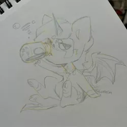 Size: 2048x2048 | Tagged: safe, artist:midnightpremiere, derpibooru import, oc, oc:lux arcana, alicorn, bat pony, pony, alcohol, booze, drinking, image, jpeg, sketch, traditional art