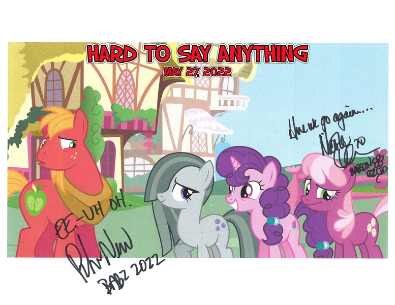 Size: 3296x2544 | Tagged: safe, artist:not-yet-a-brony, derpibooru import, big macintosh, cheerilee, marble pie, sugar belle, earth pony, pony, unicorn, hard to say anything, 2022, autograph, awkward, babscon 2022, embarrassed, episode reference, fanart, female, friends, friendship, here we go again, husband and wife, image, jpeg, male, mare, may, nicole oliver, peter new, scanned, shipping, stallion, straight, sugarmac, this will end in laughs, uh oh, youtube link in the description