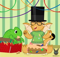 Size: 827x778 | Tagged: safe, artist:wheatley r.h., derpibooru import, oc, oc:myoozik the dragon, unofficial characters only, chameleon, dragon, birthday, cake, clothes, derpibooru exclusive, dragon oc, food, gem, gemstones, happy, hat, image, jpeg, male, plushie, present, solo, spread wings, top hat, toy, vector, watermark, wings