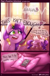 Size: 1280x1920 | Tagged: suggestive, artist:shad0w-galaxy, derpibooru import, pipp petals, pegasus, pony, comic:pipp's ponyfans adventure, background, comic, comic strip, flying, g5, hallway, image, jewelry, onlyfans, open mouth, panic, panicking, phone, pillow, png, ponyfans, ponyhoof, regalia, screaming, solo, speech bubble, talking, text, unshorn fetlocks, wings
