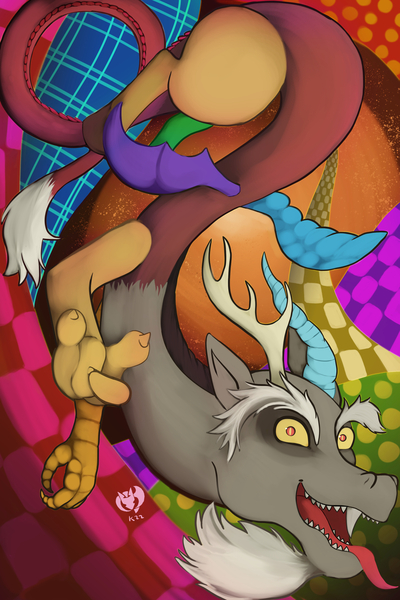 Size: 2400x3600 | Tagged: safe, artist:kdamon1, derpibooru import, discord, draconequus, dragon, abstract background, antlers, chaos, fangs, high res, image, jpeg, looking at you, male, open mouth, open smile, pattern, red eyes, signature, smiling, smiling at you, solo, swirls, tongue out