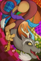 Size: 2400x3600 | Tagged: safe, artist:kdamon1, derpibooru import, discord, draconequus, dragon, abstract background, antlers, chaos, fangs, high res, image, jpeg, looking at you, male, open mouth, open smile, pattern, red eyes, signature, smiling, smiling at you, solo, swirls, tongue out