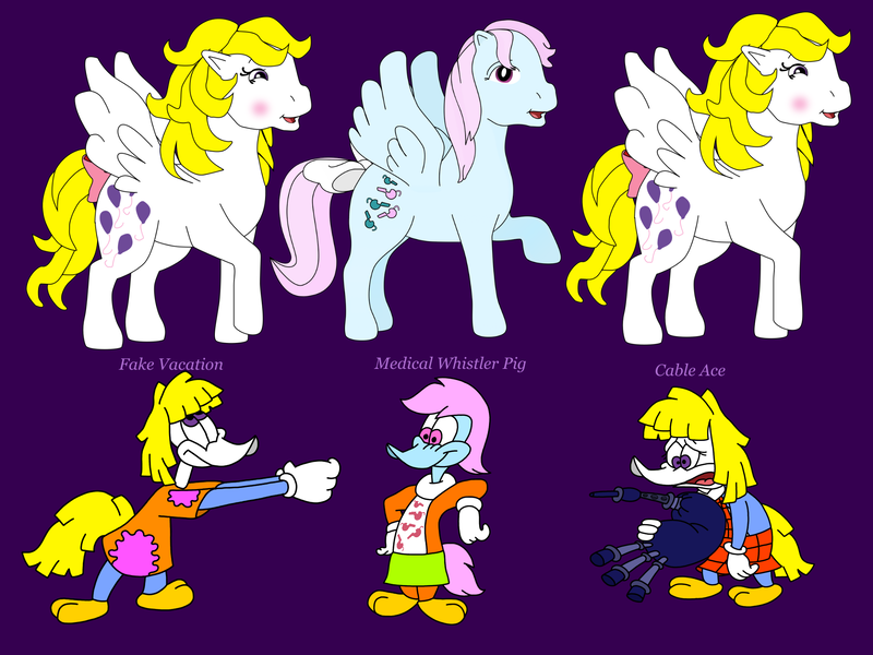 Size: 2048x1536 | Tagged: safe, derpibooru import, surprise, wind whistler, anthro, bird, pegasus, pony, adoraprise, cable ace, clothes, cute, episodes, fake vacation, female, g1, image, mare, medical winnie pig, parody, png, pony to woodpecker, purple background, simple background, skirt, the new my little pony show, the new woody woodpecker show, whistlerbetes, winnie woodpecker, woodpecker, woodpeckerified, woody woodpecker