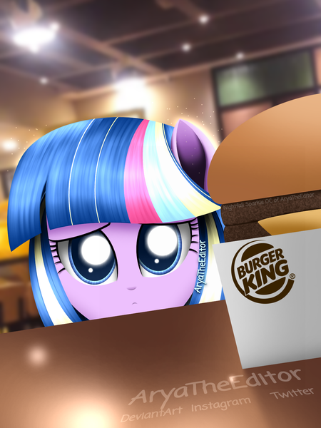 Size: 1200x1600 | Tagged: safe, artist:aryatheeditor, derpibooru import, oc, oc:nightfall sparkle, unofficial characters only, equestria girls, begging, big eyes, burger, burger king, clothes, cute, cute face, digital art, eyebrows, female, food, image, lineless, looking at you, magical geodes, png, ponied up, pony ears, purple hair, real life background, sad, solo