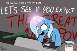 Size: 3075x2030 | Tagged: safe, artist:pinkberry, derpibooru import, trixie, pony, unicorn, angry, colored, colored sketch, cross-popping veins, great and powerful, hooves on the table, image, imminent explosion, leaning on table, magic, png, rage, self-checkout, yelling