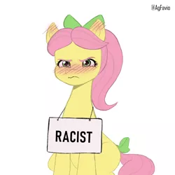 Size: 1414x1414 | Tagged: safe, artist:agfavio, derpibooru import, posey, posey (g5), earth pony, pony, my little pony: make your mark, angry, blushing, bow, female, g5, hair bow, image, mare, png, ponytail, posey is not amused, sign, tail, tail bow, unamused