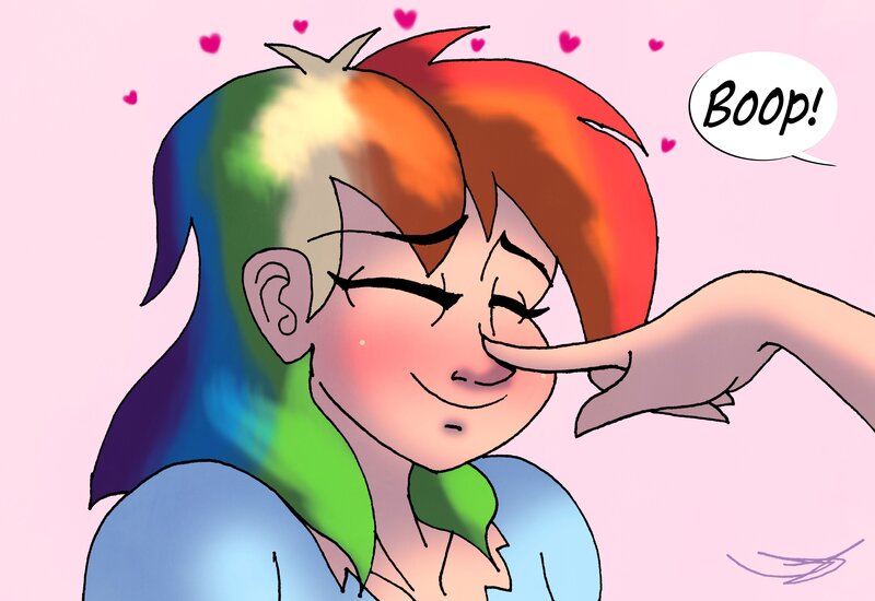 Size: 4096x2817 | Tagged: safe, artist:ringteam, derpibooru import, fluttershy, rainbow dash, human, cute, dashabetes, eyes closed, female, floating heart, flutterdash, heart, humanized, image, jpeg, lesbian, offscreen character, pink background, shipping, simple background