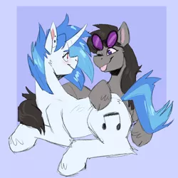 Size: 2000x2000 | Tagged: safe, artist:civetcider, derpibooru import, octavia melody, vinyl scratch, earth pony, pony, unicorn, ;p, accessory swap, duo, duo female, ear piercing, female, image, lesbian, lying down, mare, one eye closed, piercing, png, prone, scratchtavia, shipping, tongue out, wink