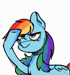 Size: 500x540 | Tagged: safe, artist:kryzie, derpibooru import, rainbow dash, pegasus, pony, :p, animated, april fools, colored, female, gif, image, mare, multicolored hair, pixel art, r/place, reddit, salute, simple background, solo, tongue out, unibrow, white background, wings