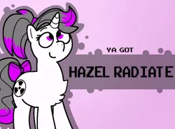 Size: 800x592 | Tagged: safe, artist:soupafterdark, derpibooru import, oc, oc:hazel radiate, unofficial characters only, pony, unicorn, banned from equestria daily, bow, chest fluff, commissioner:biohazard, cute, eyebrows, eyelashes, highlights, horn, image, jpeg, ponytail, purple eyes, simple background, smiling, splash art, tail, tail bow, unicorn oc