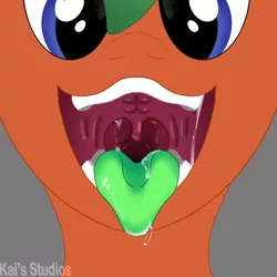 Size: 2000x2000 | Tagged: suggestive, artist:kaifurry, derpibooru import, oc, oc:kp, earth pony, pony, drool, drool string, fetish, gray background, image, looking down, mawshot, open mouth, oral invitation, oral vore, png, simple background, solo, uvula, vore, watermark, wide eyes