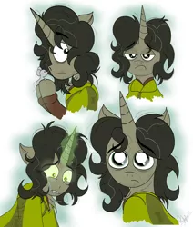 Size: 4749x5609 | Tagged: safe, derpibooru import, mouse, pony, unicorn, brunomadrigal, chest fluff, clothes, crying, curly hair, encanto, expressions, facial expressions, facial hair, glow, glowing eyes, glowing horn, green eyes, horn, image, looking at you, looking back, looking down, png, puppy dog eyes, scared, simple background, surprised, unimpressed