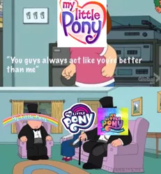 Size: 752x813 | Tagged: safe, derpibooru import, edit, edited screencap, screencap, caption, family guy, g1, g3, g4, g5, image, jpeg, logo, meme, peter griffin, text