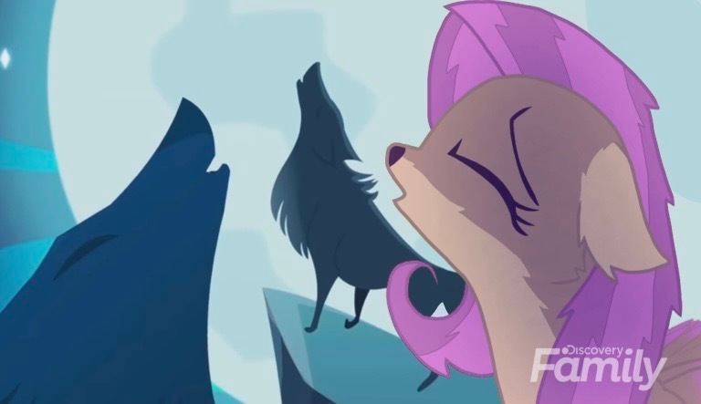 Size: 768x443 | Tagged: safe, artist:bluemario11, derpibooru import, edit, edited screencap, screencap, fluttershy, wolf, discovery family, discovery family logo, eyes closed, fake screencap, female, flutterwolf, full moon, howling, image, jpeg, logo, moon, species swap, wolfified