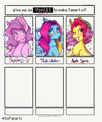Size: 1715x2048 | Tagged: safe, artist:mscolorsplash, derpibooru import, apple spice, skywishes, thistle whistle, earth pony, pegasus, pony, six fanarts, female, g3, grin, image, jpeg, mare, smiling, wip