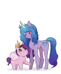 Size: 2191x2665 | Tagged: safe, artist:stellar_shoting, derpibooru import, izzy moonbow, pipp, pipp petals, pegasus, pony, unicorn, adorapipp, cute, g5, image, izzy is tol, izzybetes, jpeg, pipp is short, simple background, white background