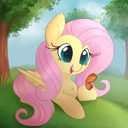 Size: 2000x2000 | Tagged: safe, artist:illusion, derpibooru import, fluttershy, butterfly, insect, pegasus, chest fluff, ear fluff, image, nature, png, resting, smiling, solo, tree