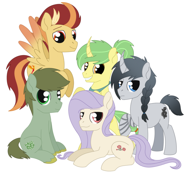 Size: 2018x1904 | Tagged: safe, artist:dyonys, derpibooru import, oc, oc:asahi, oc:mitsuo, oc:orochi, oc:sora, oc:tamotsu, earth pony, pegasus, pony, unicorn, curved horn, flying, group, horn, image, lying down, male, png, prone, simple background, sitting, smiling, stallion, transparent background