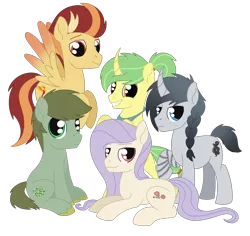 Size: 2018x1904 | Tagged: safe, artist:dyonys, derpibooru import, oc, oc:asahi, oc:mitsuo, oc:orochi, oc:sora, oc:tamotsu, earth pony, pegasus, pony, unicorn, curved horn, flying, group, horn, image, lying down, male, png, prone, simple background, sitting, smiling, stallion, transparent background