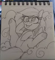 Size: 1670x1836 | Tagged: safe, artist:lockheart, derpibooru import, derpy hooves, pegasus, pony, cloud, cute, derpabetes, female, grayscale, image, jpeg, lying down, lying on a cloud, mare, monochrome, on a cloud, on back, pencil drawing, solo, traditional art, underhoof