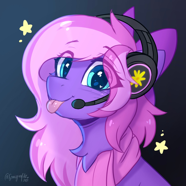 Size: 1800x1800 | Tagged: safe, artist:sonigiraldo, derpibooru import, oc, oc:lillybit, unofficial characters only, :p, adorkable, clothes, cute, dork, gaming headset, headphones, headset, image, jpeg, scarf, silly, stars, tongue out