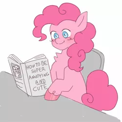 Size: 1500x1500 | Tagged: safe, artist:exxi00, derpibooru import, pinkie pie, earth pony, pony, blushing, book, chair, chest fluff, image, jpeg, reading, simple background, sitting, smiling, solo, table, white background