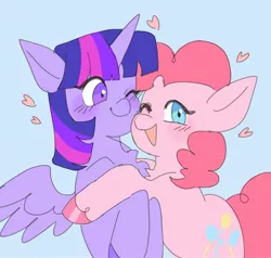 Size: 2097x1995 | Tagged: safe, artist:exxi00, derpibooru import, pinkie pie, twilight sparkle, twilight sparkle (alicorn), alicorn, earth pony, pony, blue background, blushing, chest fluff, duo, female, heart, hug, image, jpeg, lesbian, one eye closed, open mouth, open smile, shipping, simple background, smiling, spread wings, twinkie, wings
