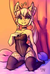 Size: 1920x2817 | Tagged: suggestive, artist:thatweirdpigeonlady, derpibooru import, oc, oc:sunset sorbet, unofficial characters only, anthro, bat pony, 2019, anthro oc, bat pony oc, bat wings, breasts, choker, cleavage, clothes, commission, eyeshadow, fangs, female, fishnets, image, leotard, makeup, png, signature, smiling, socks, solo, solo female, stockings, thigh highs, wings, ych result