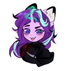 Size: 1000x1000 | Tagged: safe, artist:yoiha, derpibooru import, starlight glimmer, pony, unicorn, bust, clothes, collaboration, collaboration:choose your starlight, ear fluff, female, image, looking at you, magic, magic aura, png, simple background, solo, tongue out, transparent background