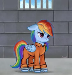 Size: 993x1024 | Tagged: safe, artist:mn27, derpibooru import, rainbow dash, pony, chained, clothes, commission, image, jail, jail cell, jpeg, never doubt rainbowdash69's involvement, pegausus, prison, prison outfit, prisoner rd, sad, solo