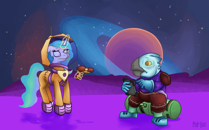 Size: 2800x1752 | Tagged: safe, artist:khaki-cap, derpibooru import, princess celestia, alicorn, alien, background, boots, clip studio paint, clothes, curious, digital art, galaxy, gloves, gun, image, jewelry, magic, mane, no man's sky, planet, png, ring, scared, shoes, signature, space, spacesuit, species, stars, tablet, tail, telekinesis, video game, weapon, worried