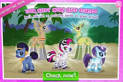 Size: 1027x688 | Tagged: safe, derpibooru import, official, crystal (character), marini, kelpie, pony, zebra, advertisement, dust devil (idw), female, gameloft, image, mare, png