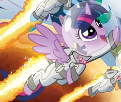 Size: 1404x1177 | Tagged: safe, artist:tonyfleecs, derpibooru import, idw, twilight sparkle, twilight sparkle (alicorn), alicorn, pony, astronaut, cropped, female, image, jetpack, jewelry, mare, png, ponies in space, solo, spacesuit, spread wings, wings