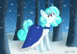 Size: 1280x906 | Tagged: safe, artist:tenderrain-art, derpibooru import, oc, oc:snow star, unofficial characters only, pony, unicorn, clothes, female, forest, image, jpeg, mare, snow, solo, tree