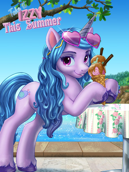 Size: 1439x1920 | Tagged: safe, artist:pencils, derpibooru import, izzy moonbow, pony, unicorn, female, food, g5, ice cream, image, jpeg, mare, solo, sunglasses