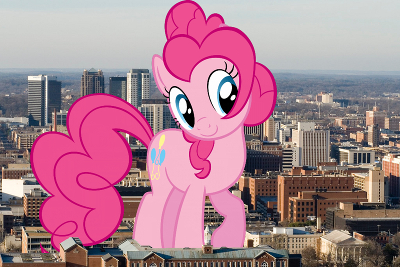 Size: 1024x683 | Tagged: safe, artist:moongazeponies, artist:thegiantponyfan, derpibooru import, pinkie pie, earth pony, pony, alabama, birmingham, female, giant pinkie pie, giant pony, giant/macro earth pony, giantess, highrise ponies, image, irl, jpeg, macro, mare, mega giant, photo, ponies in real life