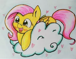 Size: 3868x2979 | Tagged: safe, artist:twiliset, derpibooru import, fluttershy, pegasus, pony, cloud, cute, happy, heart, heart eyes, image, jpeg, pencil drawing, simple background, smiling, solo, traditional art, wingding eyes, wings