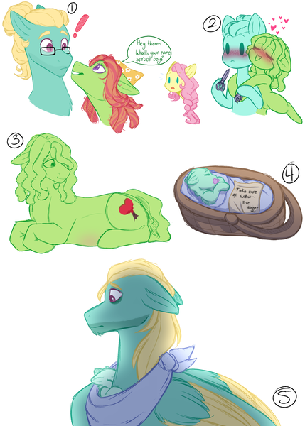 Size: 2500x3500 | Tagged: safe, artist:purplegrim40, derpibooru import, fluttershy, tree hugger, zephyr breeze, oc, unofficial characters only, pony, baby, baby pony, blushing, exclamation point, female, glasses, hug, image, male, mare, offspring, parent:tree hugger, parent:zephyr breeze, parents:zephyrhugger, png, pregnant, simple background, stallion, swaddling, white background