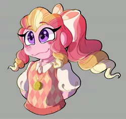 Size: 3352x3167 | Tagged: safe, artist:starfishking, derpibooru import, oc, oc:honeycrisp blossom, equestria girls, arm behind back, bow, female, freckles, gray background, hair bow, image, jewelry, jpeg, necklace, offspring, parent:big macintosh, parent:princess cadance, parents:cadmac, simple background, smiling, solo, sweater vest