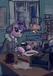 Size: 756x1080 | Tagged: safe, artist:agm, derpibooru import, twilight sparkle, pony, clothes, desk, image, interior, jpeg, kettle, looking at you, sitting, solo, typewriter