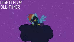 Size: 1920x1080 | Tagged: safe, derpibooru import, edit, edited screencap, editor:quoterific, screencap, rainbow dash, pegasus, pony, luna eclipsed, season 2, clothes, costume, female, goggles, image, mare, night, png, shadowbolt dash, shadowbolts costume, smiling, solo, spread wings, text, wings