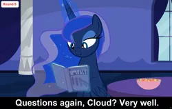 Size: 1920x1212 | Tagged: safe, artist:forgalorga, derpibooru import, edit, edited screencap, screencap, princess luna, alicorn, pony, bedroom eyes, book, bowl, candy, caption, cs captions, female, food, image, levitation, magic, magic aura, mare, png, reading, smiling, solo, telekinesis, text, two retired princesses, window